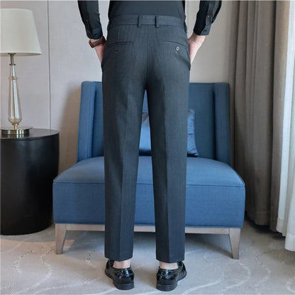 Men's Wool Blend Dress Pants, Elastic Waist Business Trousers, Tapered Slim Fit, Charcoal Gray Black Navy