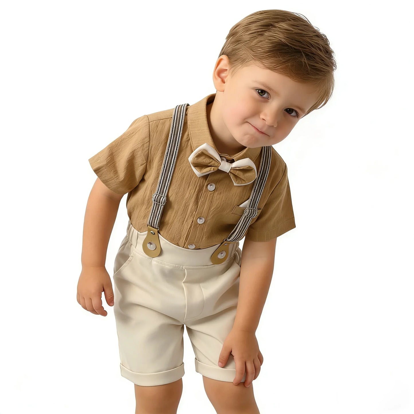 Kids Clothes Set Toddler Boys Gentleman Suit Khaki Short Sleeve Shirt with Bow Tie Shorts Formal Outfit Wedding Birthday Party