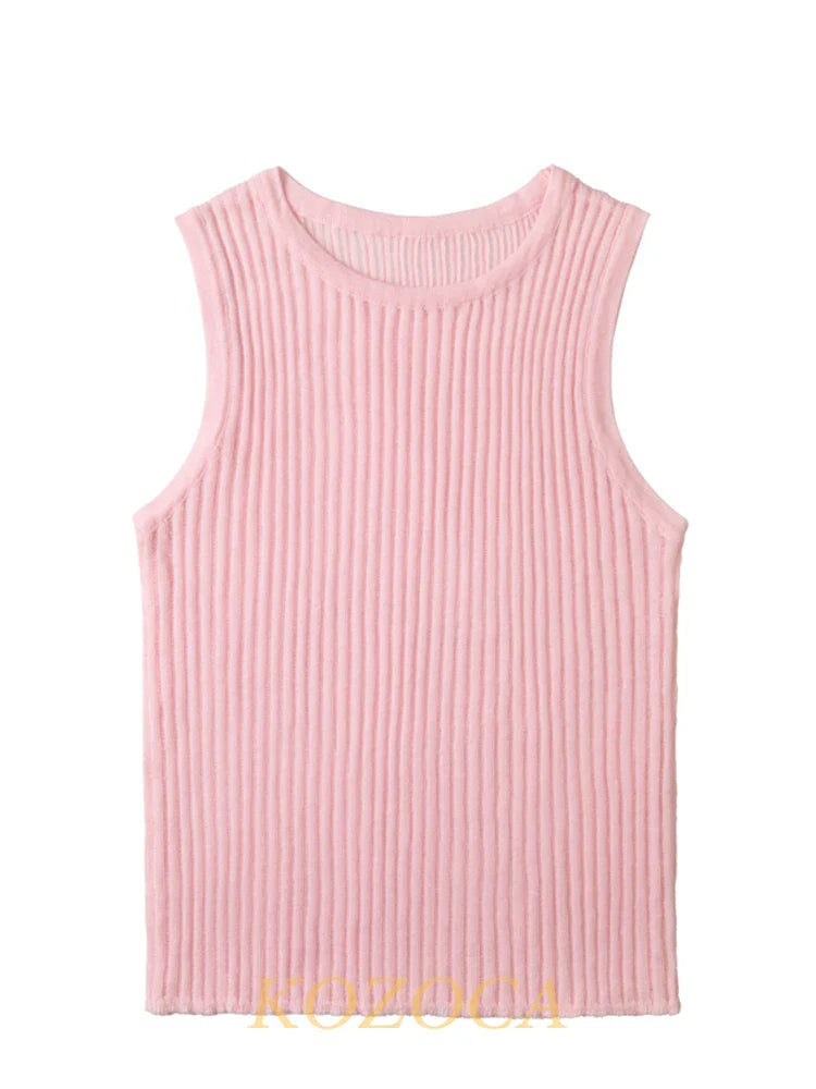 100% Wool Chic Solid Tanks Elegant Striped See Through Hollow Out Women Tops Sleeveless Elastic Tops Club Party Clothes