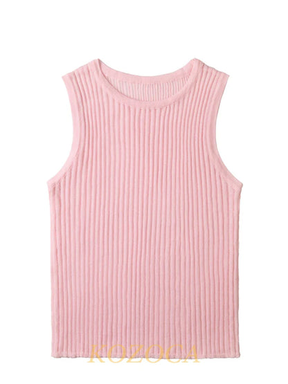 100% Wool Chic Solid Tanks Elegant Striped See Through Hollow Out Women Tops Sleeveless Elastic Tops Club Party Clothes