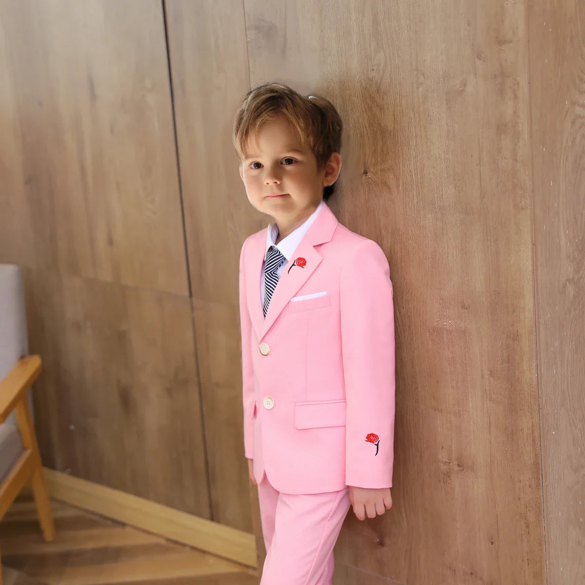 Pink Rose Embroidery Kids Formal Suit Set 3 Pieces Blazer Pants Tie Boy Wedding Suit Communion for Boys Tuxedos Teen Suit