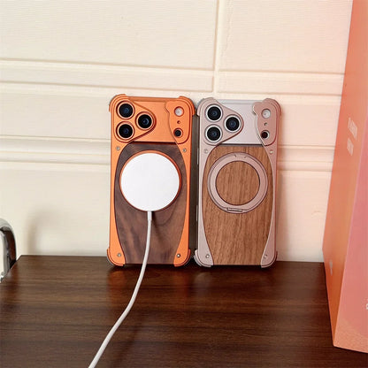 Walnut Wood Metal Aluminum Phone Case For iPhone 17 Pro 17 Pro Max Magnetic Bracket Shockproof Drop-proof Protection Cover