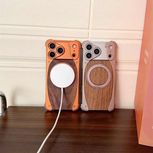 Walnut Wood Metal Aluminum Phone Case For iPhone 17 Pro 17 Pro Max Magnetic Bracket Shockproof Drop-proof Protection Cover