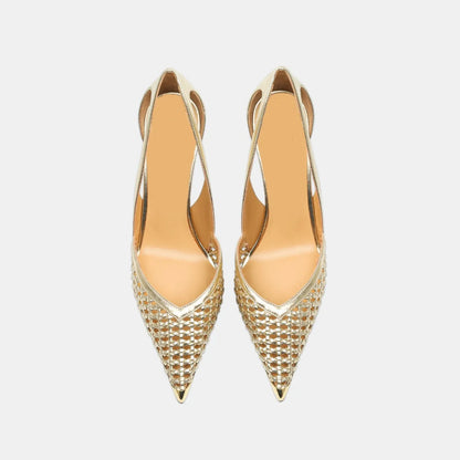 Women Hollow Sandals Elegant Pointed Toe Metal Straps High Heels Shoes Women Elegant Fashion Concise Sandals  Zapatos De Mujer