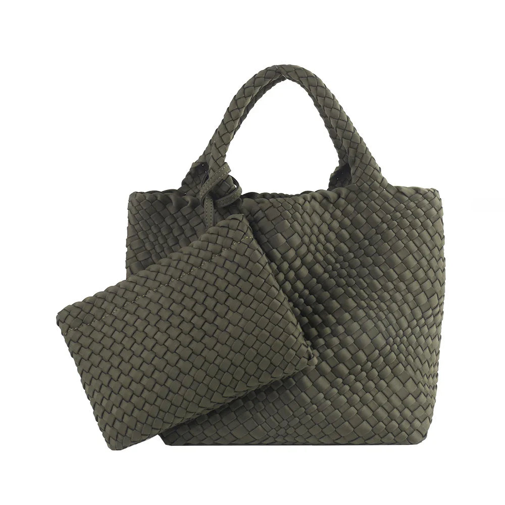Woven Bag for Women, Neoprene Tote Bag Summer Beach Handbag Purse Retro Handmade Travel Shoulder Bag Set Neoprene Weave Tote Bag