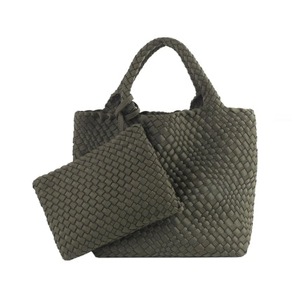 Woven Bag for Women, Neoprene Tote Bag Summer Beach Handbag Purse Retro Handmade Travel Shoulder Bag Set Neoprene Weave Tote Bag