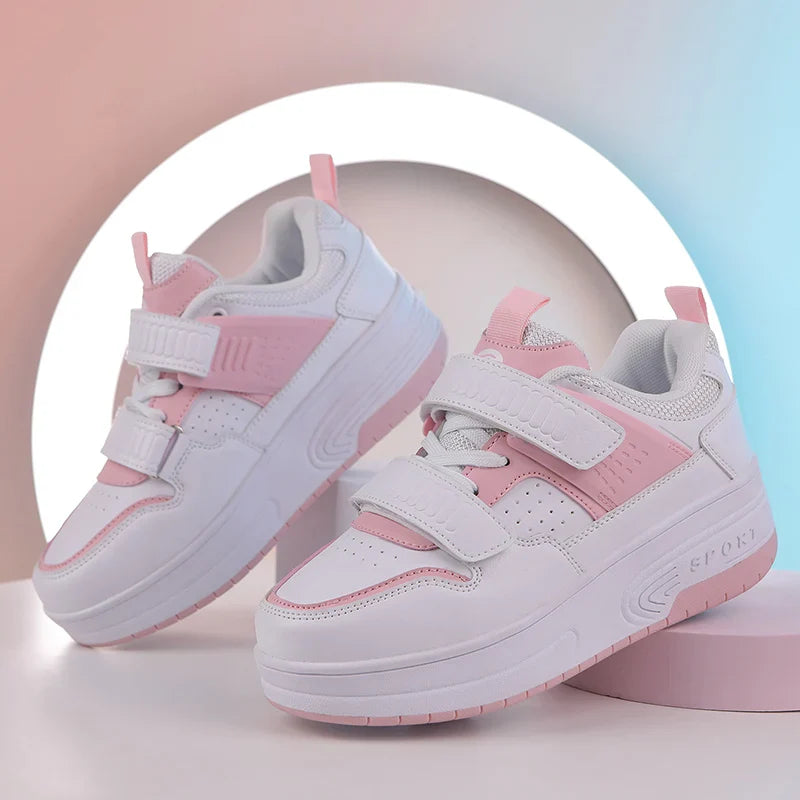 Autumn 2025 Kids Walking Shoes Detachable Double Wheel Roller Skates Boy Leather Student Shoe Four Wheeled Children Shoes Girl
