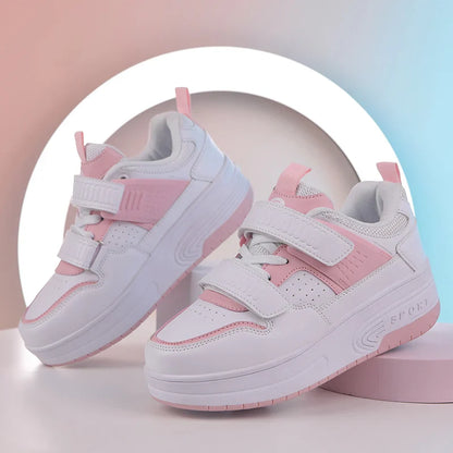 Autumn 2025 Kids Walking Shoes Detachable Double Wheel Roller Skates Boy Leather Student Shoe Four Wheeled Children Shoes Girl