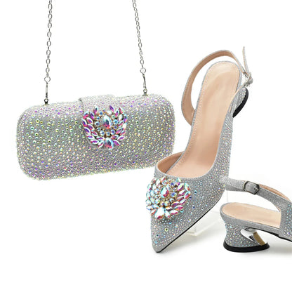 African Shoe and Bags Set for Wedding Nigerian Party Shoes and Bag Set Decorated with Rhinestone Elegant Heeled Pumps for Women