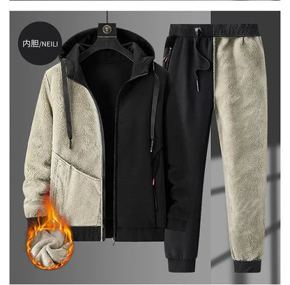 Men's Sets Jacket + pant Warm Fur Winter Sweatshirt Cashmere Tracksuit Men's Sets Fleece Thick Hooded Brand Casual Track Suits