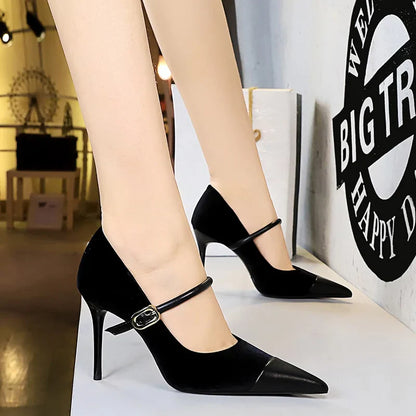 Korean Version Party 10cm 7cm High Heels Women Shoes Thin Heels Velvet Shallow Montage Pointed Toe Metal One-line Buckle Pumps
