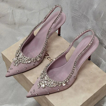 Luxury Diamonds Designer High Heels Women Satin Pointy Toe Pumps Rhinestone Sandals Female Shiny Sexy Wedding Dress Party Shoes