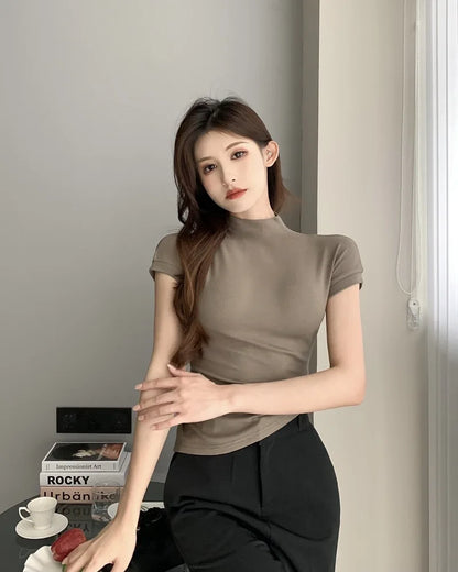 1pcs Girls Summer Solid T-shirts Womens Classic Basic Fashion Tees New Students Short Sleeve Slim Tops Females Mock Neck Tshirts