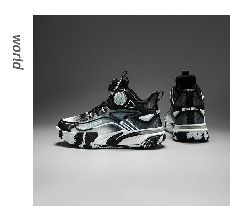 Children's basketball shoes boys' waterproof leather surface rotating buckle anti-slip and shock-absorbing student sports shoes