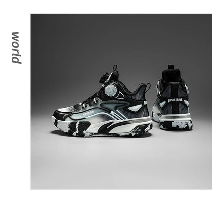 Children's basketball shoes boys' waterproof leather surface rotating buckle anti-slip and shock-absorbing student sports shoes