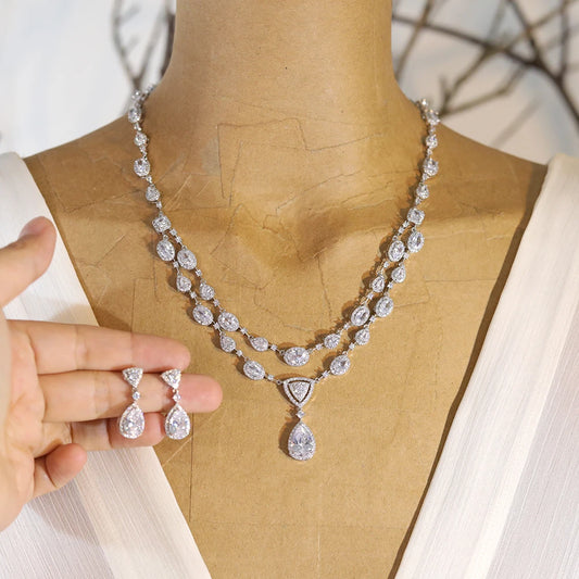 White Transparent Two-layer Water Drop 2PCS Crystal Necklace and Earring Zircon Jewelry Sets Wedding Party Bridal Accessories