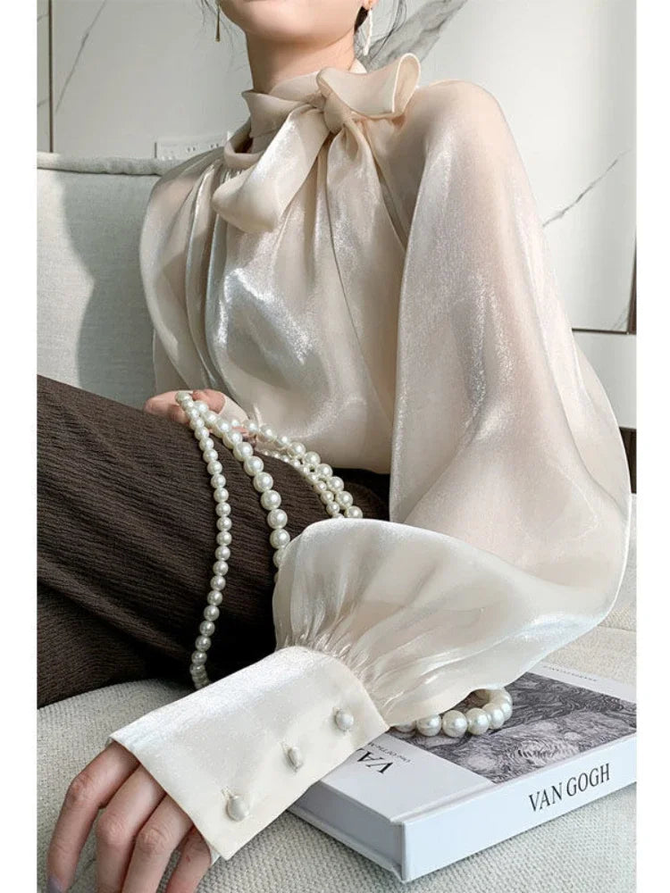 Women's Satin Blouses Stylish Big Bow Shirts 2023 Spring Autumn New Fashion Korean Edition Casual Puff Sleeve Female Solid Top