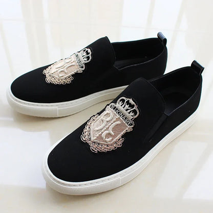Sapatênis Masculino Novo Casual Preto Camurça Couro Festa Luxo Bordado Sapatilha Mocassim Slip-On
