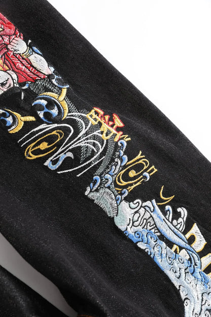 Men's Japanese Handmade Embroidered Cotton Jeans Straight Tube Slim Fit Hip-Hop Trousers Red Ear Detail Devil Big M Golden Text