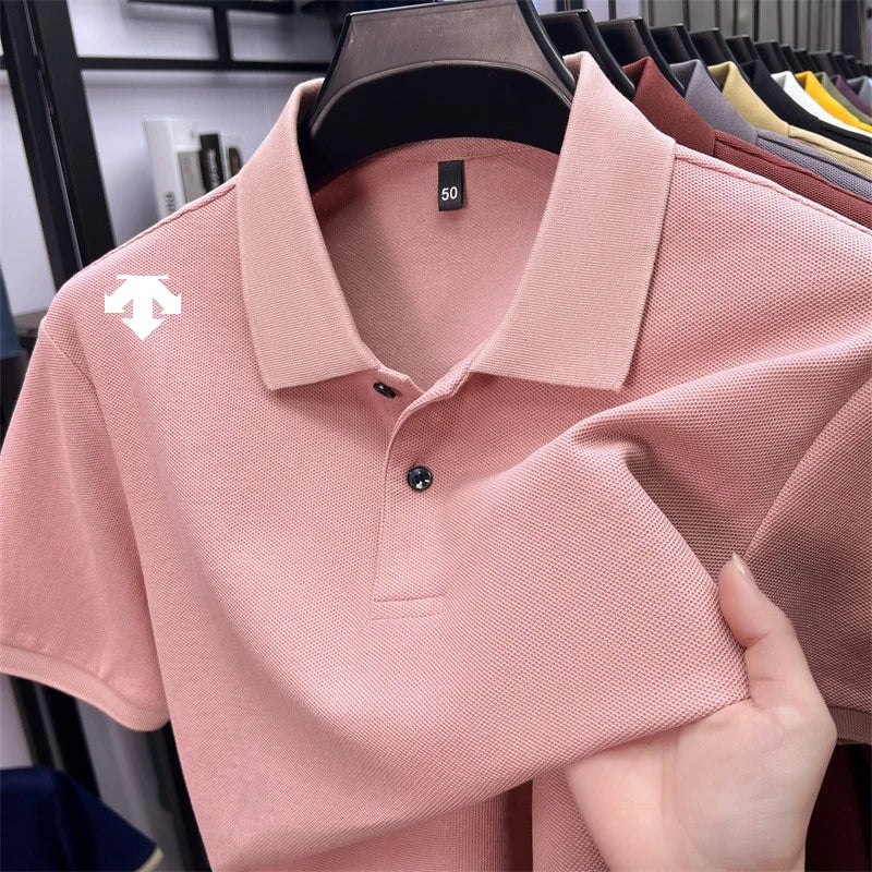 100% men's summer luxury brand polo shirt lapel geometric printing short sleeves t-shirt outdoor leisure men clothing tops