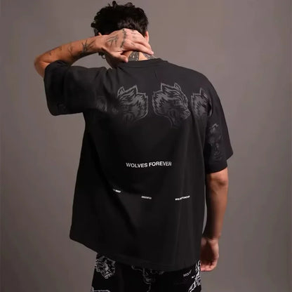Summer Fitness 100% Pure Cotton Breathable Round Neck T-shirt Gym Wolf Letter Print Men's Casual Loose Short Sleeved Shirt