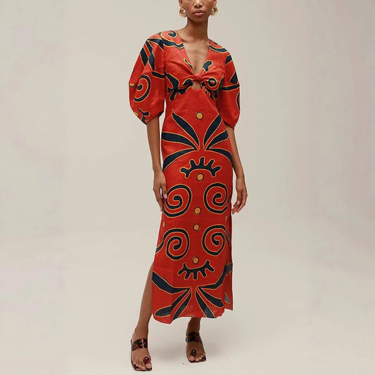 Women Linen Material Long Dresses Fashion Chic Print Sexy V-neck Hollow Out High Waist Party Dress Lady robes