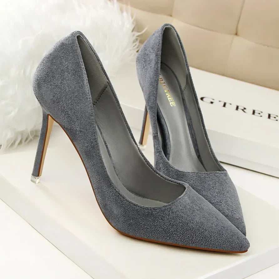 Women Elegant Flock Orange Purple Evening Banquet Party Pumps Lady Classic Scarpin New Burgundy 9cm High Heels Shoes Plus Size