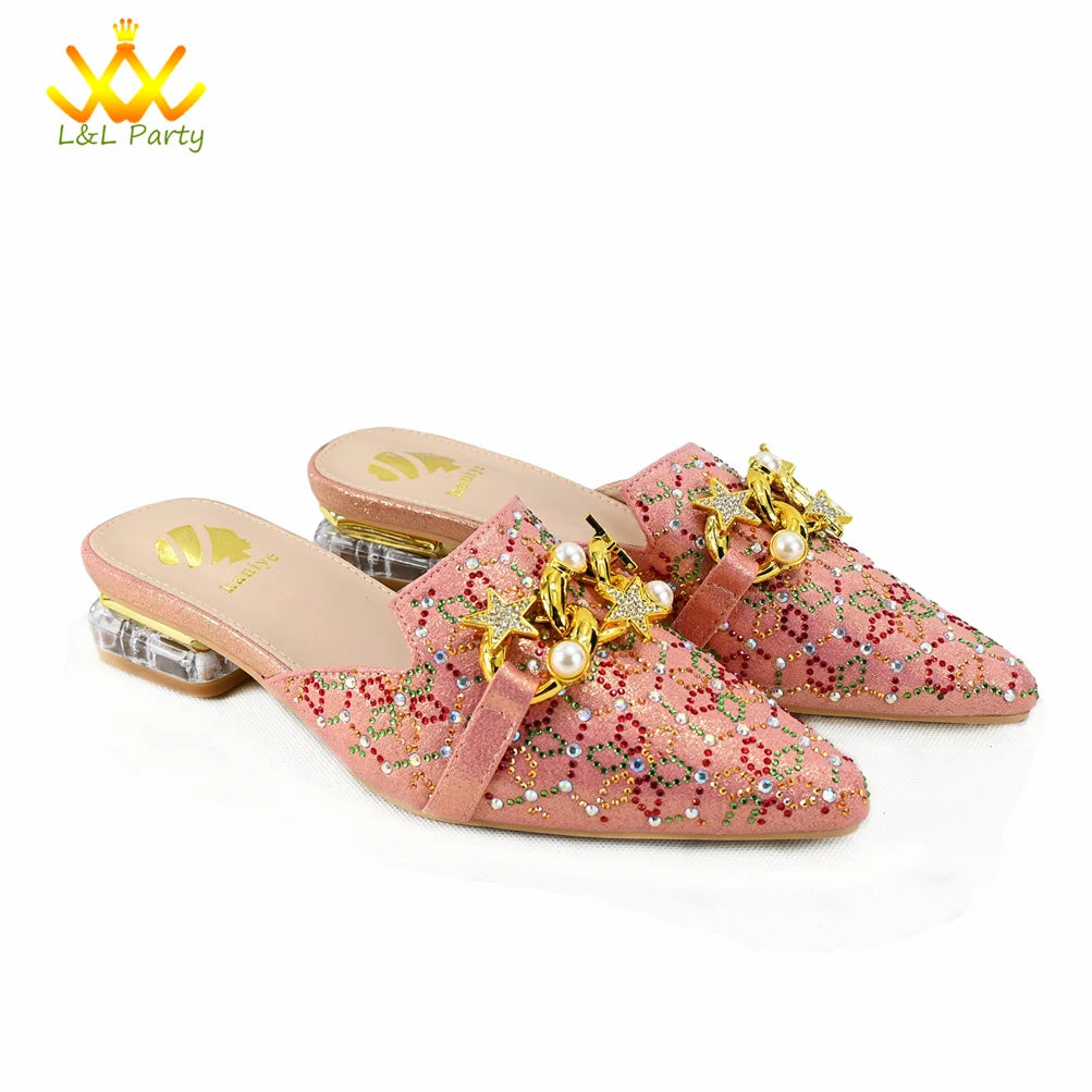 Low Heels Comfortable Sweet Style Italian Design Shoes Matching Bag Set in Orange Color High Quality with Crystal for Dress