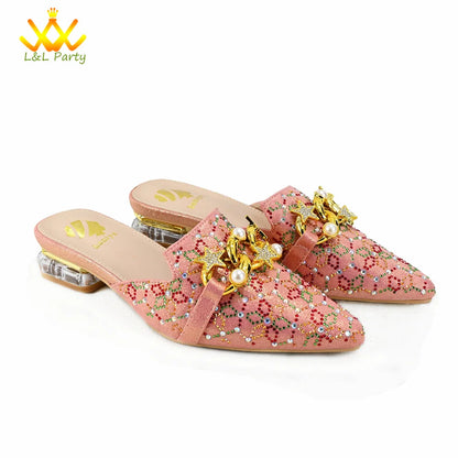Low Heels Comfortable Sweet Style Italian Design Shoes Matching Bag Set in Orange Color High Quality with Crystal for Dress