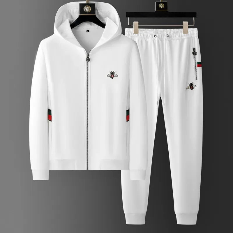 Spring Autumn Men's Sets Luxury Bee Printed Zipper Sweatshirt Solid Color Leisure Sports Elastic Wasit Pants Man Suits