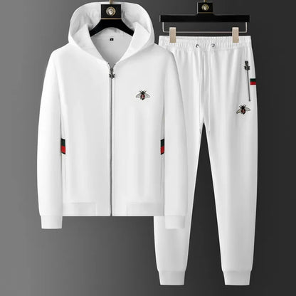 Spring Autumn Men's Sets Luxury Bee Printed Zipper Sweatshirt Solid Color Leisure Sports Elastic Wasit Pants Man Suits