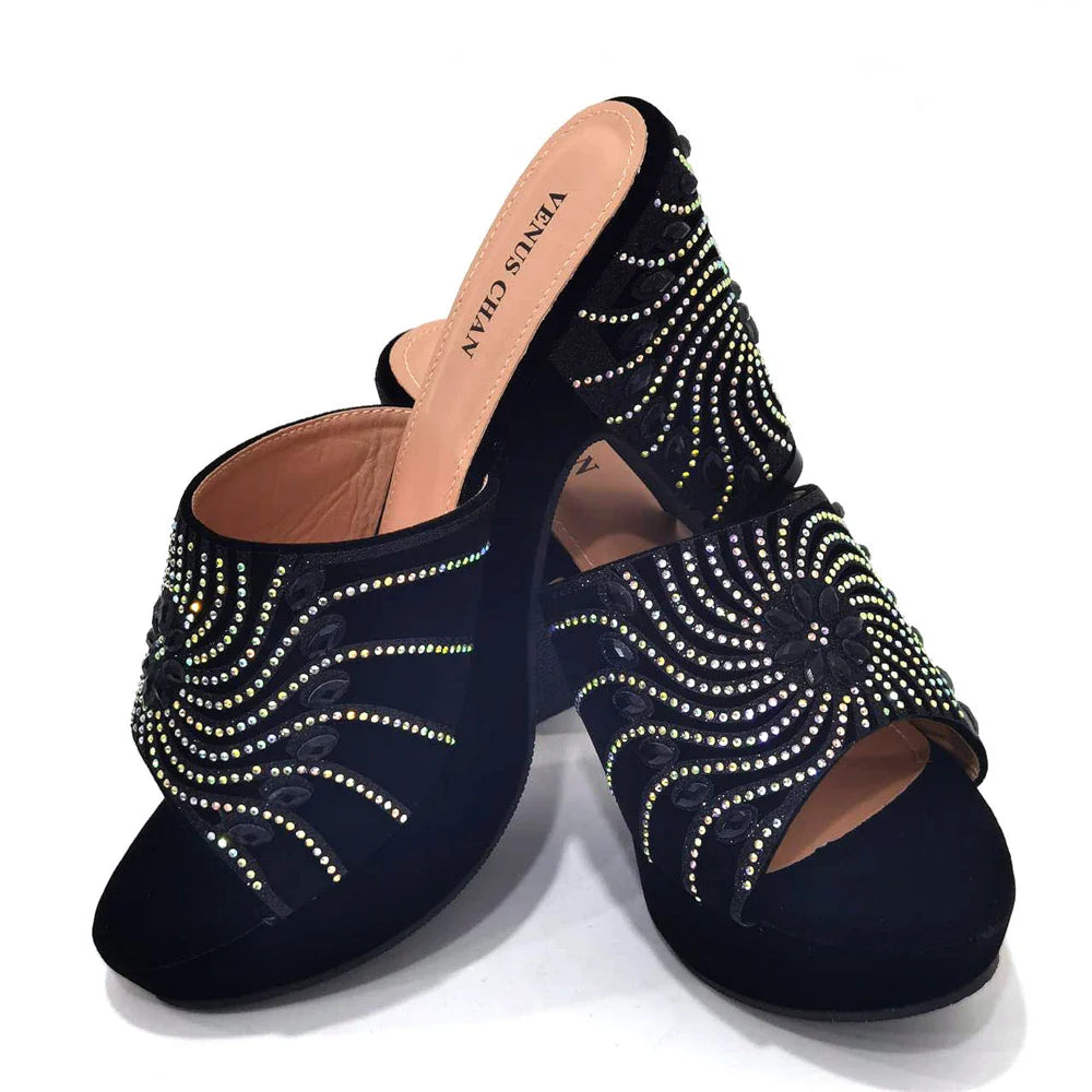 The Latest Italian Design Rotary Rhine-Diamond Floral Thick Heel Platform Women's Comfortable Shoes Bag and Shoe Set