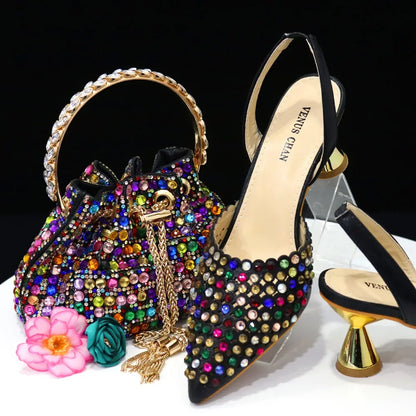 Pointed Toe Heels for Women Elegant Party Wine Color Full Diamond Pumps Italian Shoes and Bags Matching Set