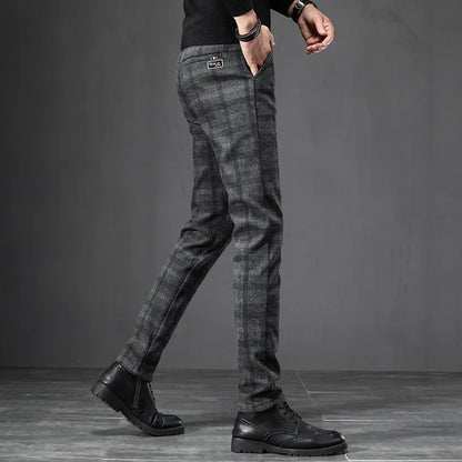 Autumn Men's Brushed Plaid Casual Pants Korean Style Gray Elastic Straight Slim Fit Fashionable Work Pants Blue and Black Male