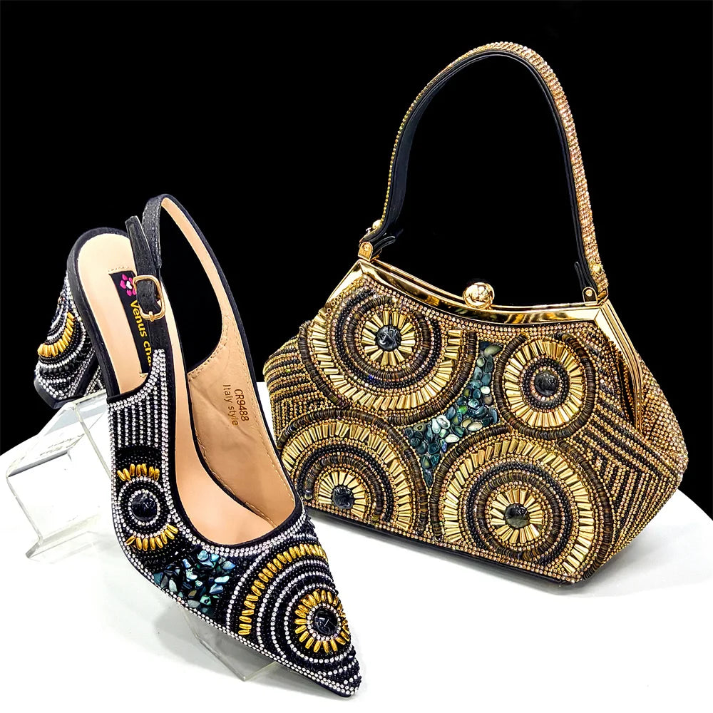 2025 Moda Mais Recente Chegada Laranja Ponta Fina Sandálias Femininas Sapatos com Bolsa Conjunto para Senhoras Festa de Casamento Salto
