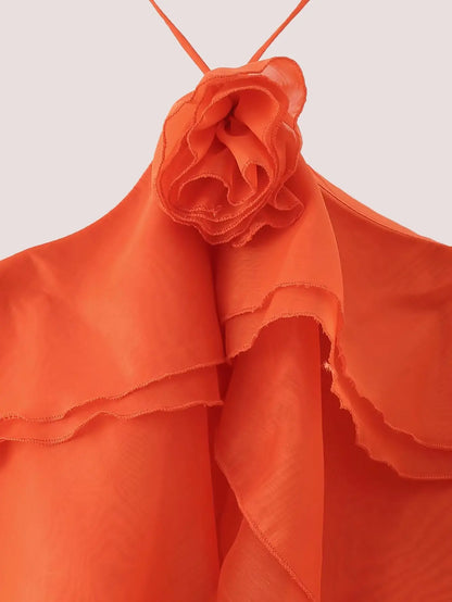 3d Floral Maxi Dress Loose Pleated Hem Halter Robes Sleeveless Ruffles Edge Party Vestidos Lady Summer Gown Clothes
