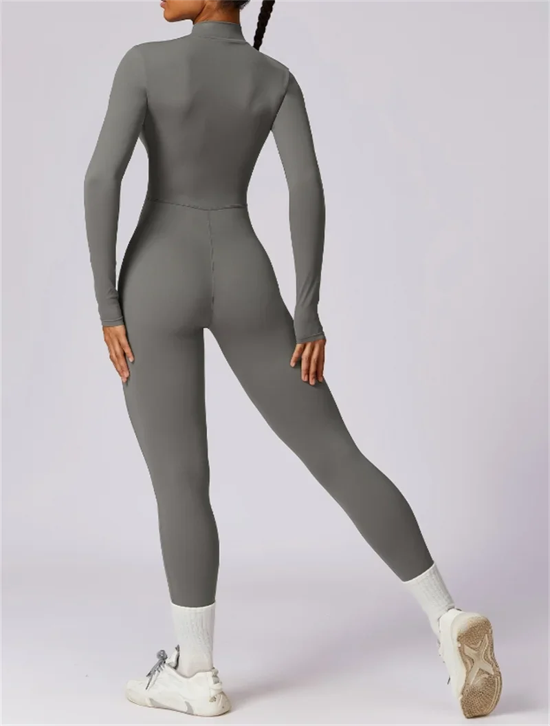 Half zip integrated long yoga jumpsuit solid color sexy long sleeved integrated sportswear for women