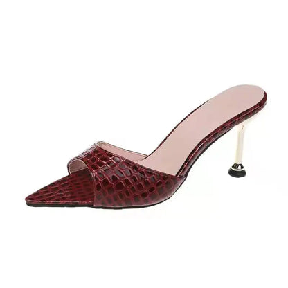 Glamorous Crocodile Texture High Heel Sandals - Chic Slip-On Stilettos with Pointy Peep Toe for Fashion-Forward Parties Banquets
