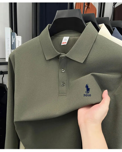 2025 autumn men's long sleeved T-shirt with a solid color polo shirt and a loose casual plus size base shirt
