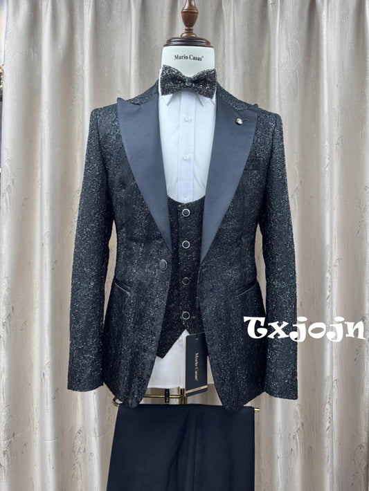 Glitter Luxurious Men's Formal Suits 3 Pieces Dancing Wear Elegant Peak Lapel Suit Set For Men Business Party Outfit S-3XL