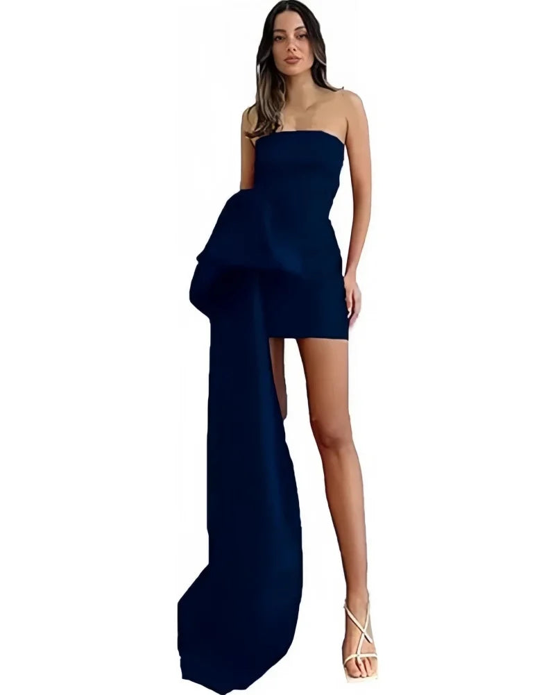 Satin Homecoming Dresses Short A Line Prom Dress Strapless Zipper Open Back Side Big Bow Mini Cocktail Gown Dance Party Dress