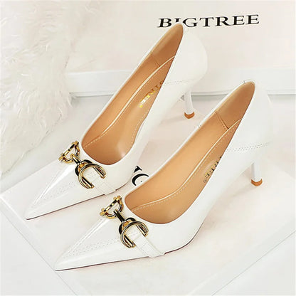 Women 7cm 10cm High Heels Wedding Bridal Replica Pumps Lady Scarpins Metal Chain Buckle Low Heels Stiletto Nude Green Prom Shoes
