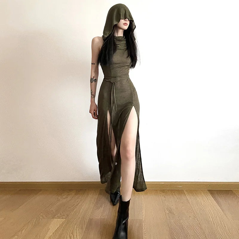 European And American Style Sleeveless Hooded Dress Long Split Hollow out Pure Color Women's Gown
