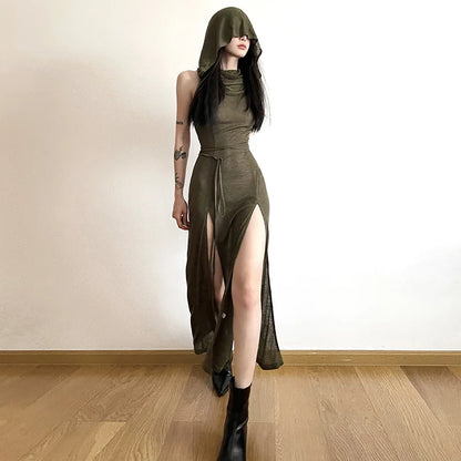 European And American Style Sleeveless Hooded Dress Long Split Hollow out Pure Color Women's Gown