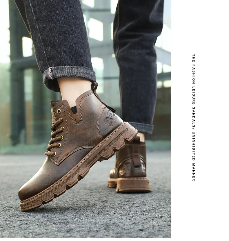 New MEN'S BOOTS with Retro Style Leather Boots, Thick Soles, Wear-resistant MEN'S High Top Casual Shoes, Side Zippers