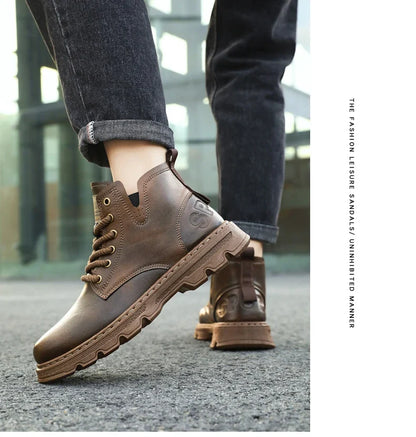 New MEN'S BOOTS with Retro Style Leather Boots, Thick Soles, Wear-resistant MEN'S High Top Casual Shoes, Side Zippers