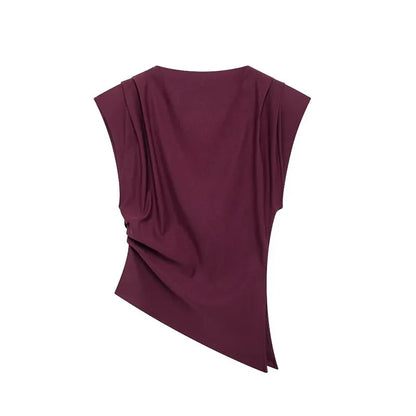 Women Fashion With Pad Solid Pleated Back Zipper Tank Tops Vintage O-Neck Sleeveless Female Chic Lady Tops