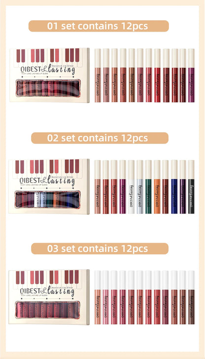 12 Colors Matte Liquid Lipstick Sets Lip Gloss Waterproof Long Lasting Sexy Red White Black Nude Lipgloss Makeup Sets