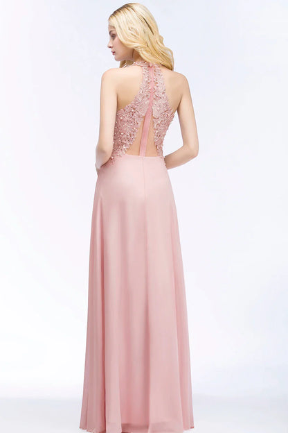 A-line V-neckline Chiffon Lace Pearls Beadings Floor-length Prom Dress Sleeveless Evening Elegant Party Dresses For Women 2024