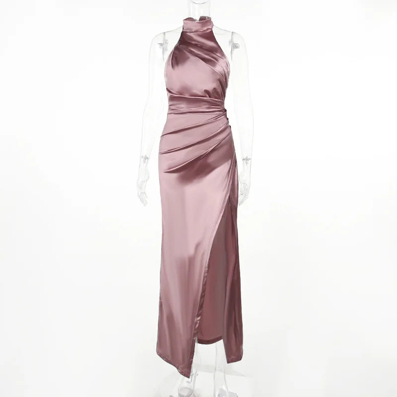 Womens Elegant Long Formal Evening Cocktail Party Dress Sexy High Split Ruched Bodycon Wedding Guest Bridemaid Maxi Dress